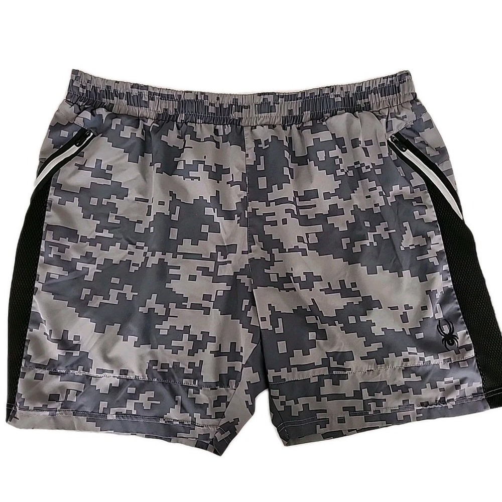 SPYDER Men's Active Shorts 38/40 Waist Gray Camo Zip-Pockets Poly-Stretch No Tie